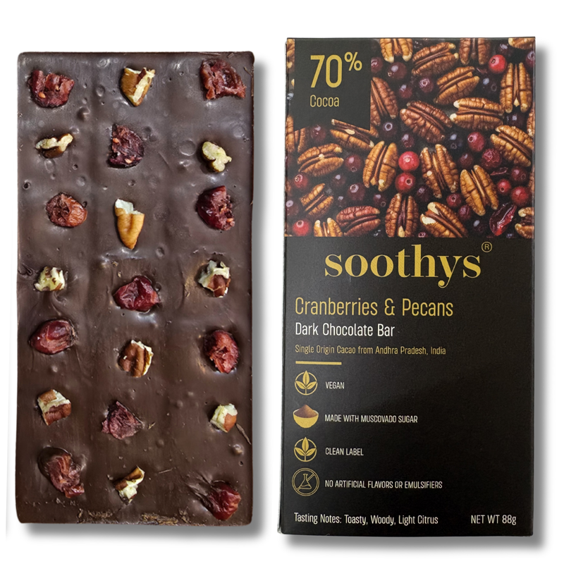 70% Dark Vegan Chocolate Bars Cranberry and Pecans | 88gms