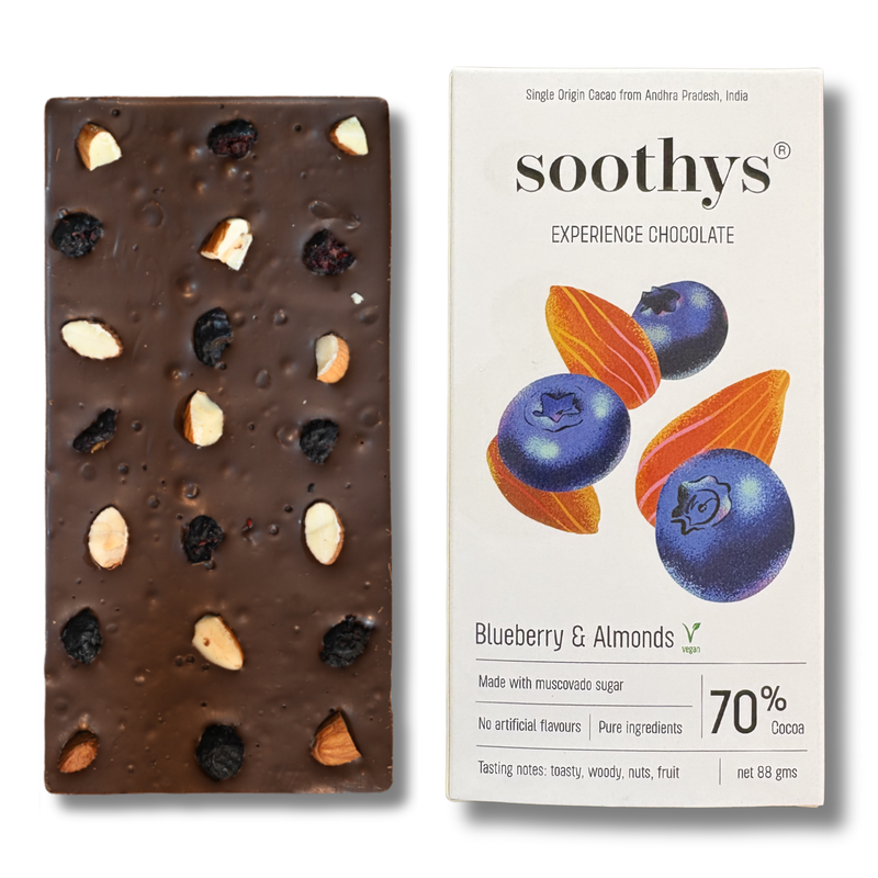 70% Dark Vegan Chocolate Bars with Blueberry and Almonds | 88gms