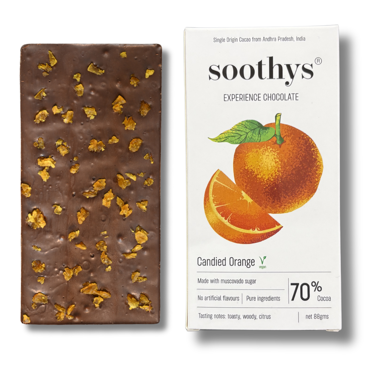 70% Dark Vegan Chocolate Bars Candied Orange | 88gms