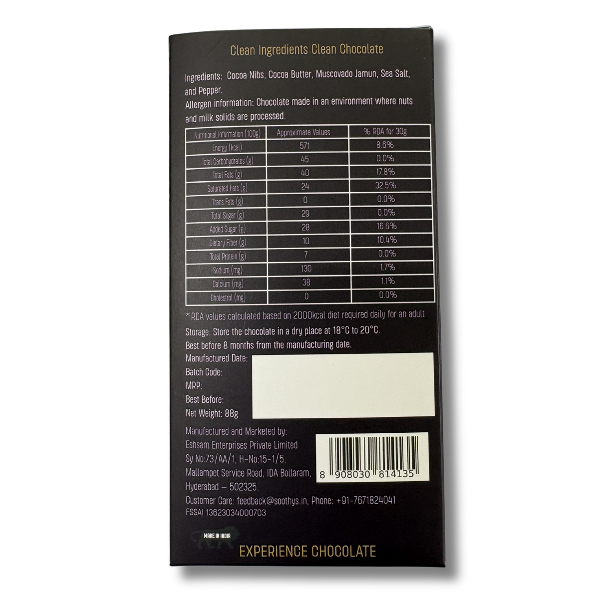 70% Dark Vegan Chocolate Bars with Jamun, Sea Salt and Pepper | 88gms