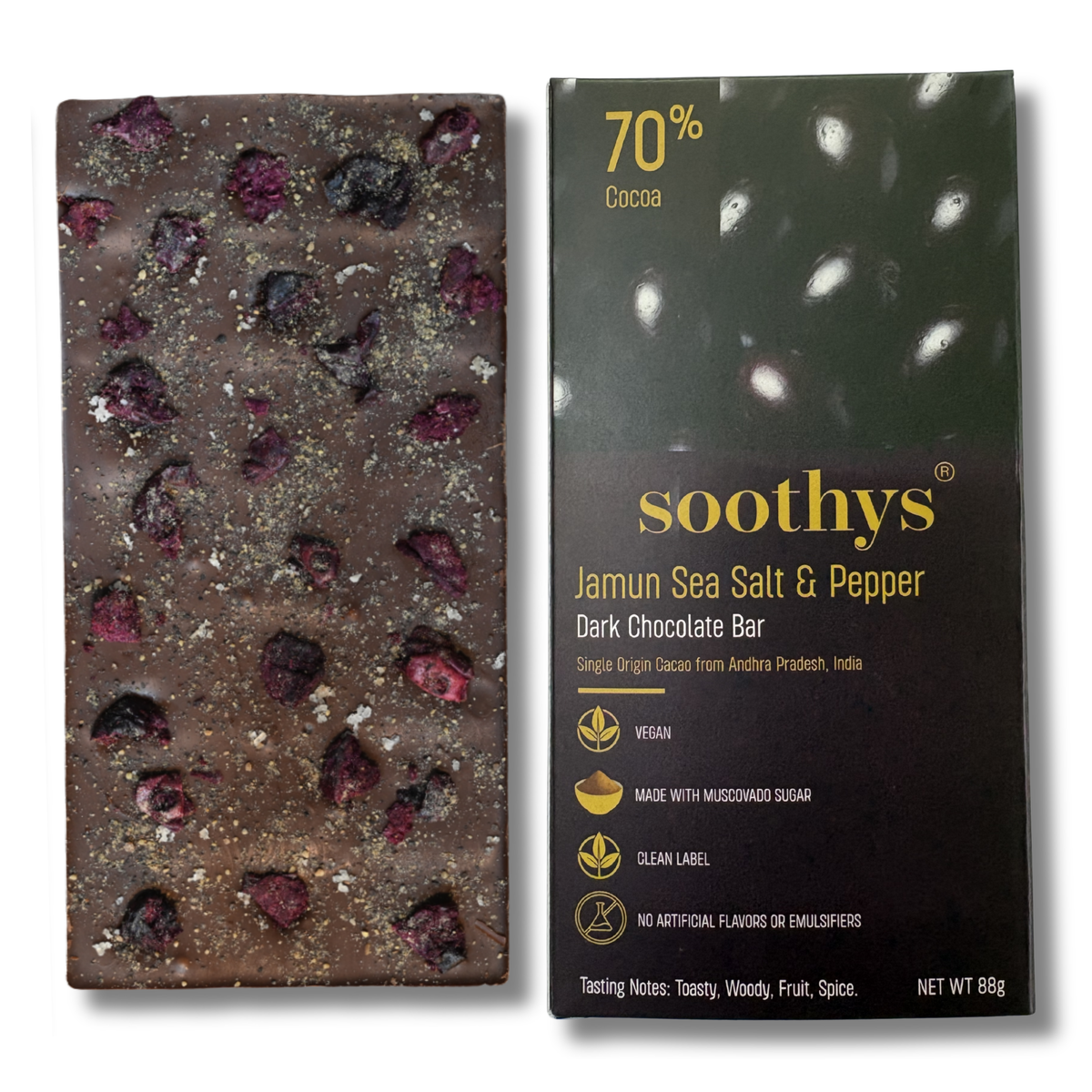 70% Dark Vegan Chocolate Bars with Jamun, Sea Salt and Pepper | 88gms