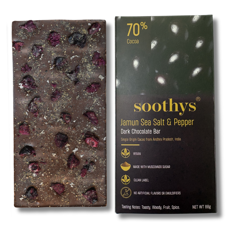 70% Dark Vegan Chocolate Bars with Jamun, Sea Salt and Pepper | 88gms