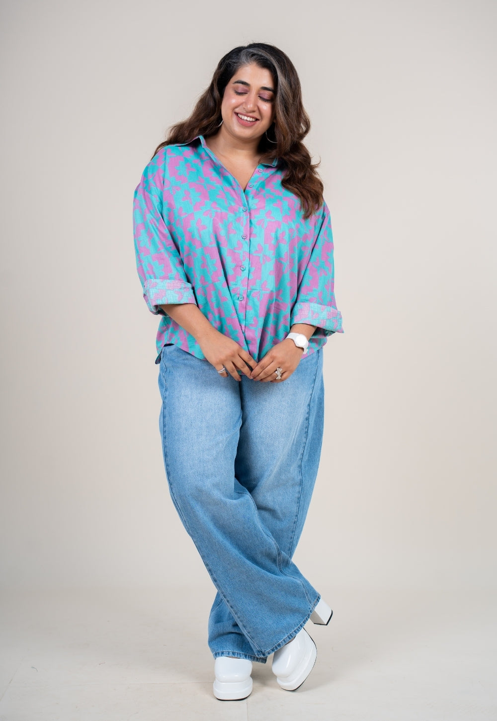 Ruhi Aqua Blue Printed Cotton Straight Shirt