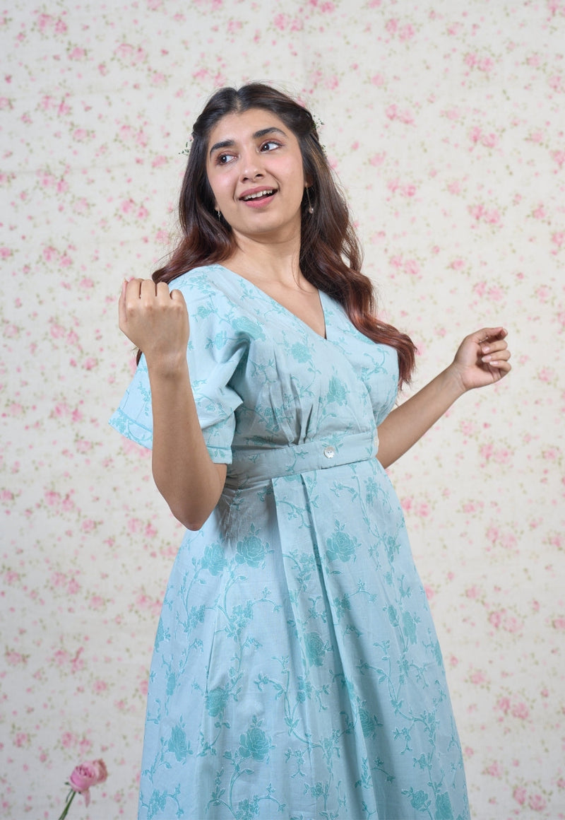 Clara Blue Sanganeri Mul Cotton A Line Dress