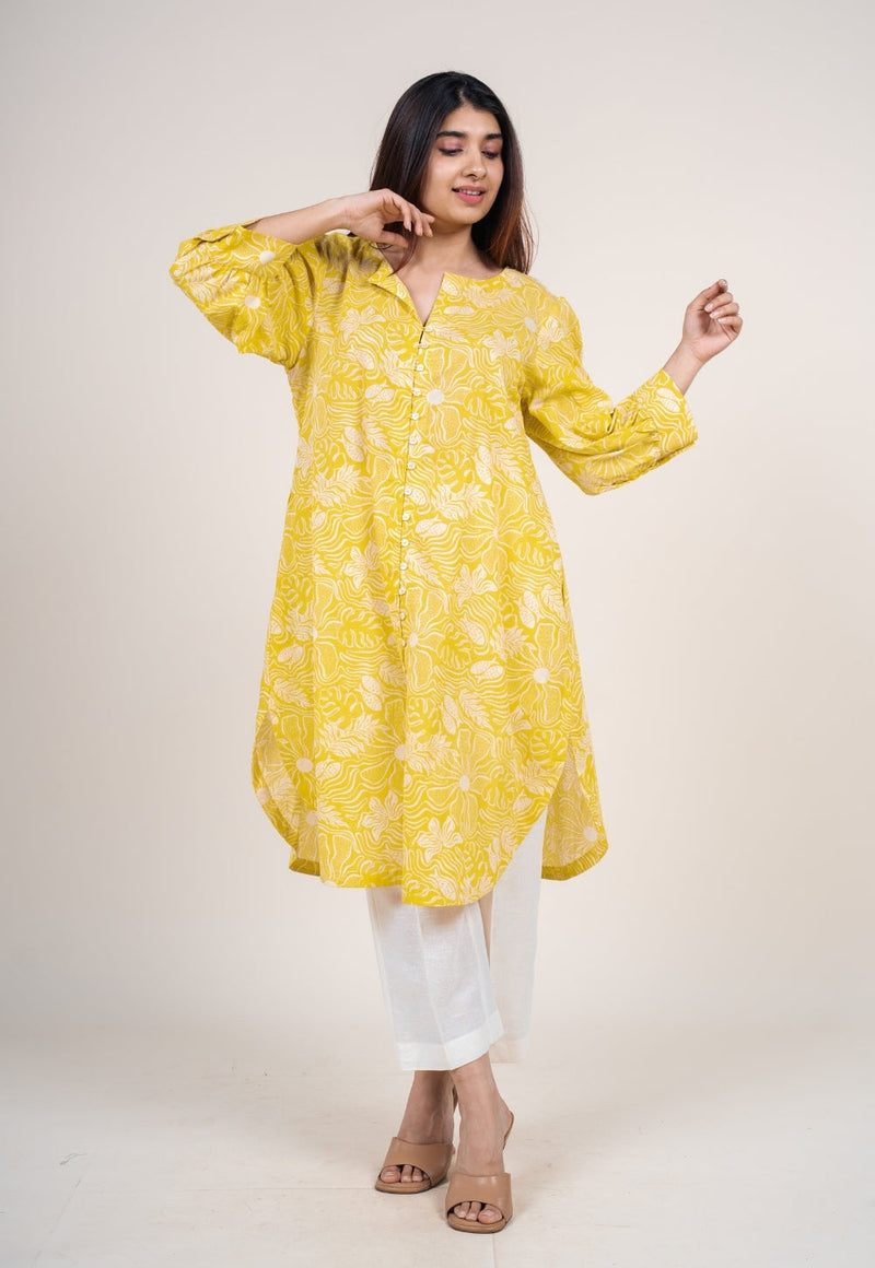 Akira Bright Yellow Printed Mul Straight Kurta