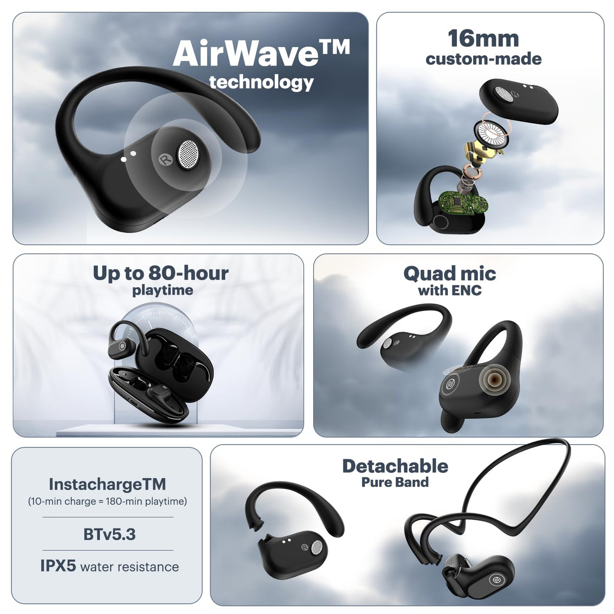 Noise Noise Pure Pods Wireless Open Ear Earbuds with AirWave™ Technology,Up-to 80H Playtime,Quad Mic with ENC,16mm Neodymium Dynamic Driver,Detachable Pure Band,BTv5.3 (Power Black) - image 2