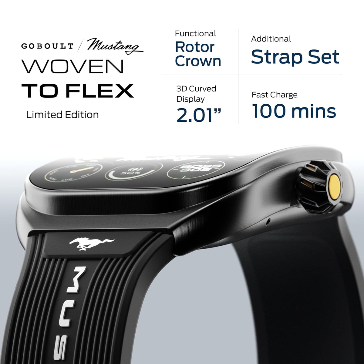 GOBOULT GOBOULT Mustang Muscle Smart Watch 2.01'' 3D Curved Display, Convertible Strap, Premium Metallic Crown, BT Calling, 600 Nits Brightness, AI Voice Assistant, IP68 (Extra Strap, Black Eclipse) - image 3