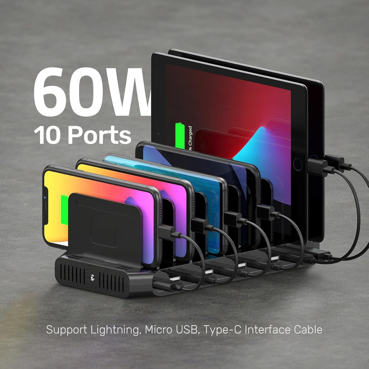 WISTAR WISTAR 60W Charging Station for Multiple Devices, Zobirez 10-Port USB C Fast Charger Stations for MacBook, iPhone, Android Cell Phone, iPad, Tablet, Family Multi-Device Organizer Charging Dock, Black - image 2