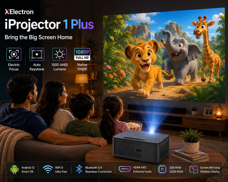 XElectron iProjector 1 Plus Smart Projector with Electric Focus & Auto Keystone | Native 1080P Full HD, 4K Support, Android 12, WiFi 6, Bluetooth 5.4, HDMI ARC, 20000 Lumens, 2GB+32GB, Home & Office
