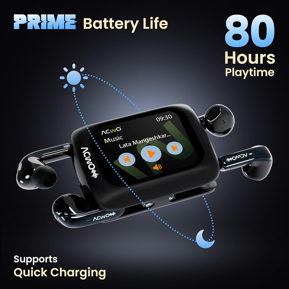 ACwO ACwO Fire Prime TWS Earbuds (in-Ear & Half-in-Ear in 1 Case) | Smart HD Display + 40dB ANC (in-Ear) | 80 Hrs Playtime | | 4 Mics AI-ENC | 3D Spatial Sound | BT V5.4 | Black Prime Black - image 8