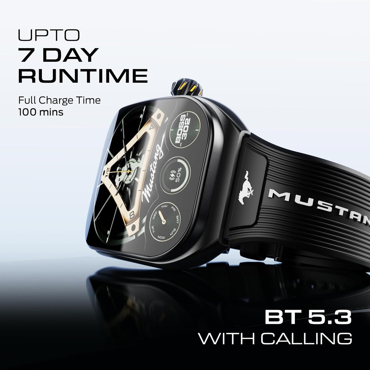 GOBOULT GOBOULT Mustang Muscle Smart Watch 2.01'' 3D Curved Display, Convertible Strap, Premium Metallic Crown, BT Calling, 600 Nits Brightness, AI Voice Assistant, IP68 (Extra Strap, Black Eclipse) - image 5