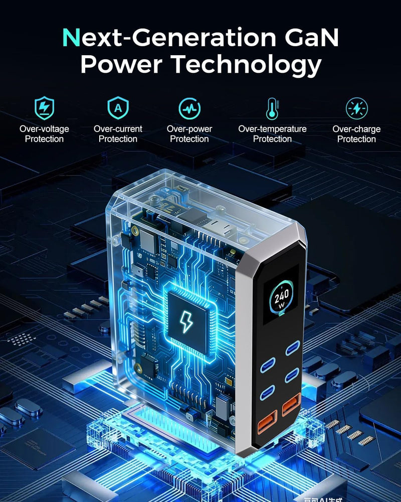 WISTAR WISTAR 6 in 1 & 240W USB C Charging Station Hub GaN III Multi Port USB Fast Charger Block (4 USB‑C & 2 USB‑A),Black Power Dock Compatible for MacBook, iPhone, iPad, Galaxy S24/S23 etc - image 5