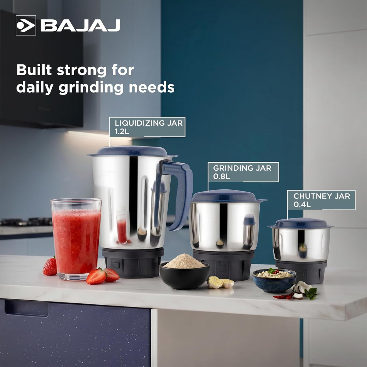 Bajaj Bajaj Ninja Series Grace 500W Mixer Grinder | Mixie For Kitchen With Duracut® Blades | 2-In-1 Blade Function For Dry & Wet Grinding | 2 Mixie Jars | 5-Yr Motor Warranty 【Midnight Blue】 - image 4