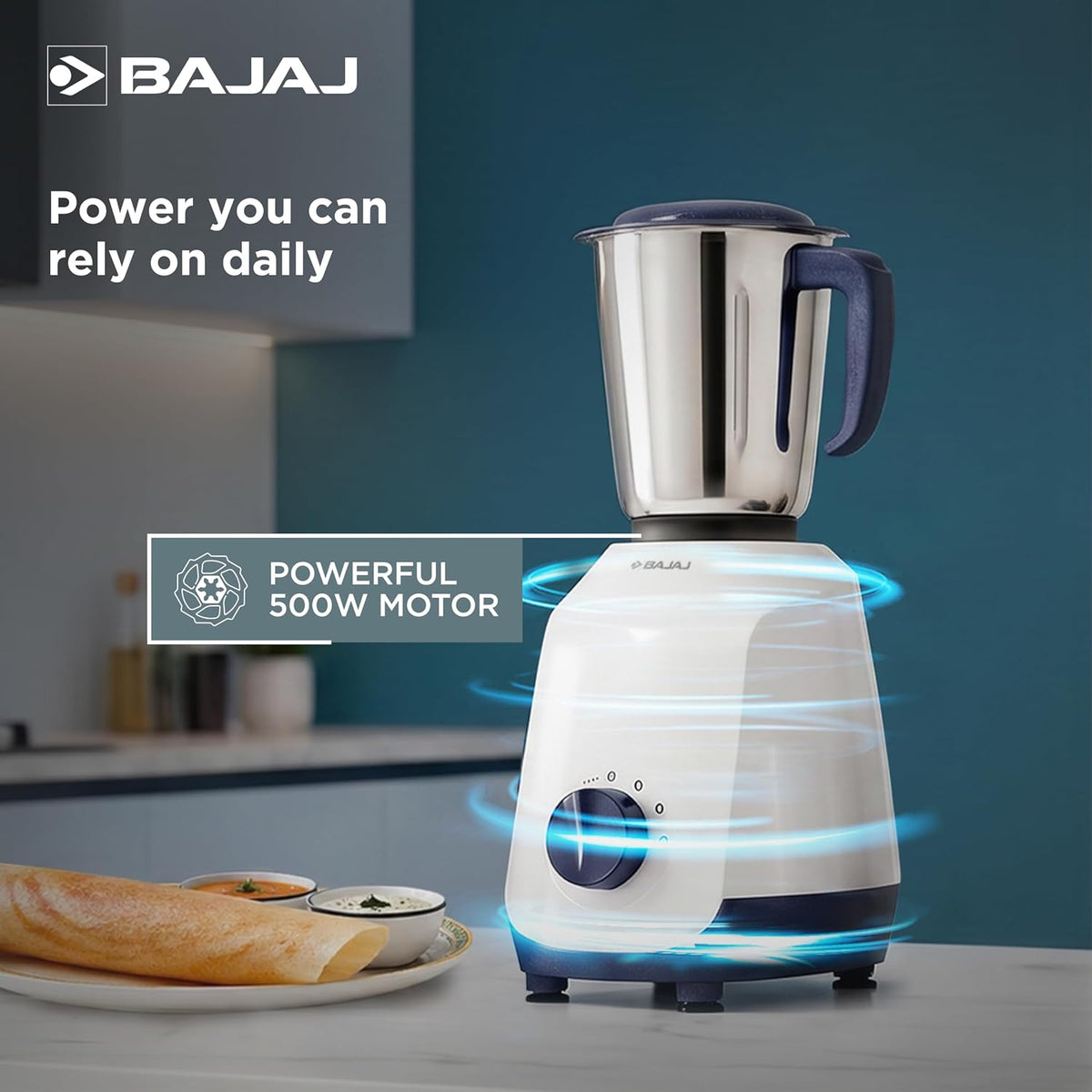 Bajaj Bajaj Ninja Series Grace 500W Mixer Grinder | Mixie For Kitchen With Duracut® Blades | 2-In-1 Blade Function For Dry & Wet Grinding | 2 Mixie Jars | 5-Yr Motor Warranty 【Midnight Blue】 - image 3