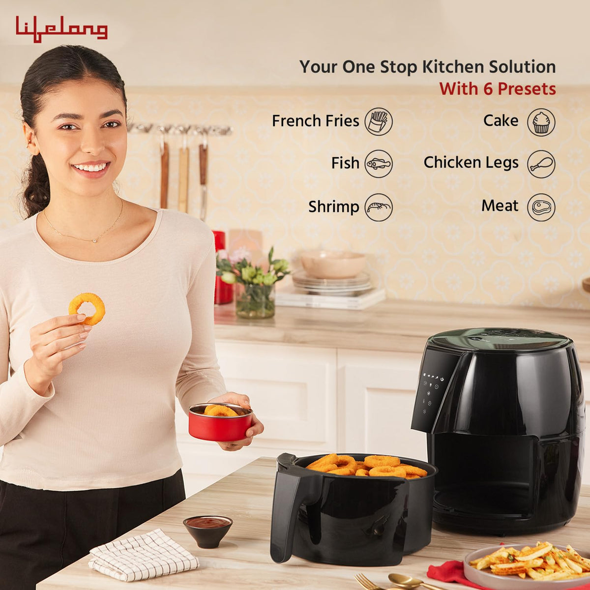 Lifelong Lifelong Air Fryer | 1 Year Warranty | 1350W, 4.2L, Digital with 6 Presets, Hot Air Circulation, Temperature & Timer Control, Up to 90% Less Oil Usage (LLHFD439, Black) - image 2