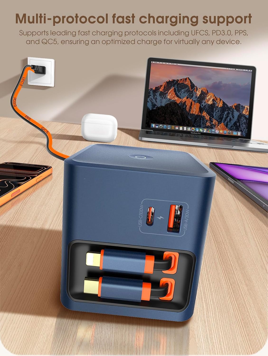 WISTAR WISTAR 100W GaN 4-Port USB C Desktop Charger, Dual Retractable Type C & Lightning Cables, PD Fast Charging Station for MacBook Pro Air iPad iPhone 17 16 XPS 13/15 Galaxy S26 S25 Pixel Android iOS etc - image 3
