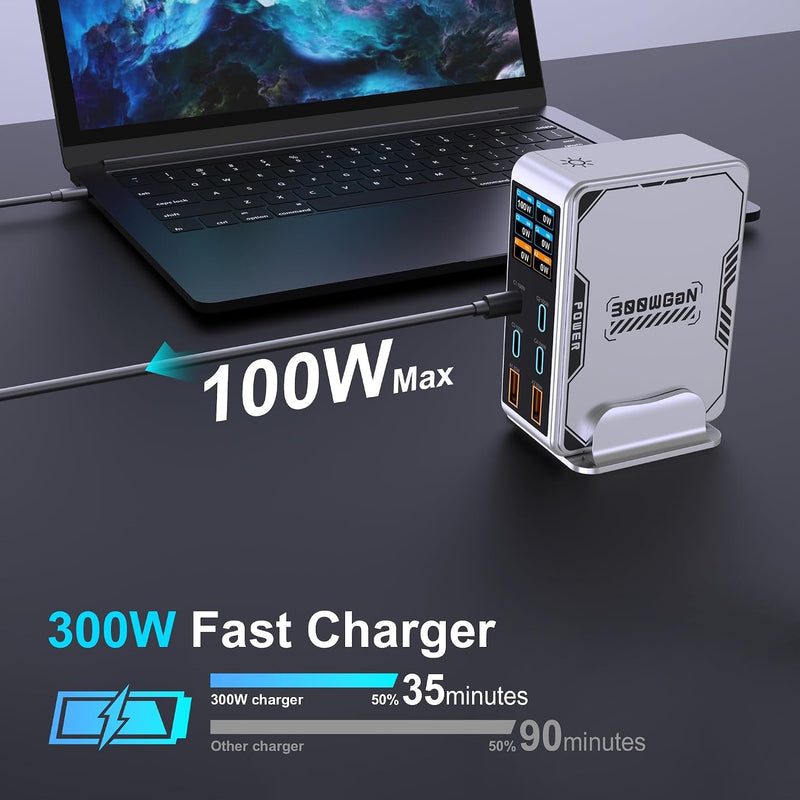 WISTAR WISTAR 300W Fast USB C Charging Station, 6-Port GaN Desktop Charger, 4C+2A Multi-Port Charger with TFT LCD Power Display, 100W PD 3.0, PPS, QC Fast Charge for MacBook - image 3
