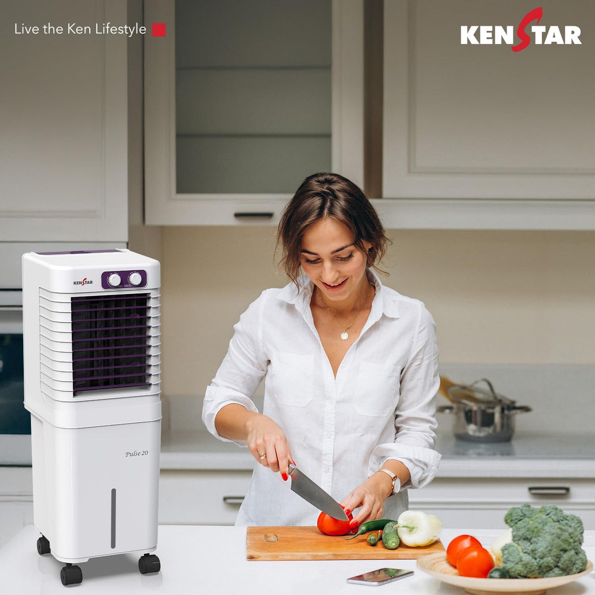 Kenstar PULSE HC 20 Portable/Room/Personal Air Cooler For Home| Honeycomb Pad |High Speed Fan |15 Ft Powerful Air Throw|Inverter compatible |Portable Cooler-Room|1-Yr Product Warranty|White & Purple 20 L