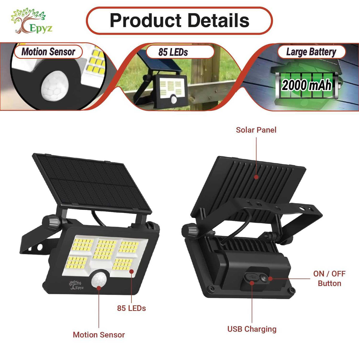 Solar LED Flood Light 20 Watt (Buy 1 Get 1 Free) | USB Rechargeable | 2000mAh Battery
