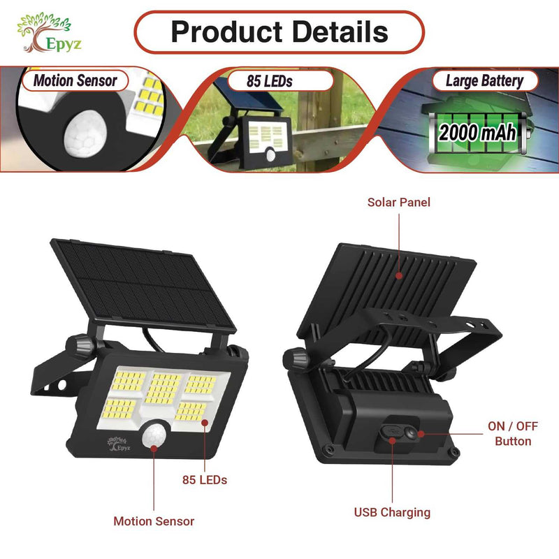 Solar LED Flood Light 20 Watt (Buy 1 Get 1 Free) | USB Rechargeable | 2000mAh Battery