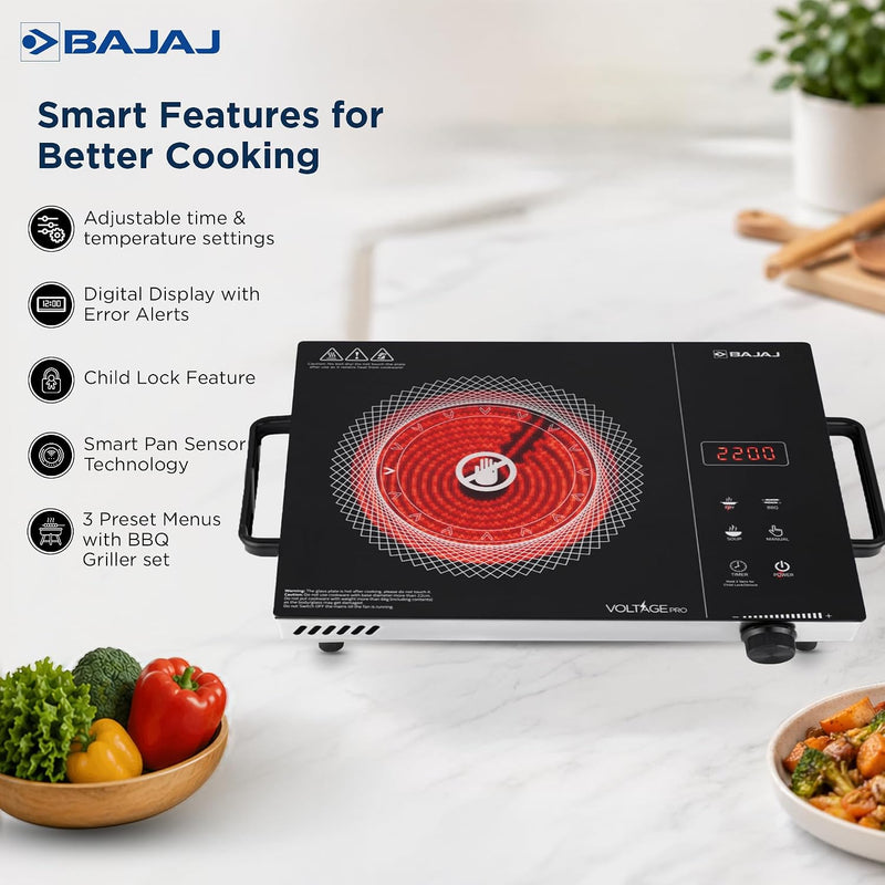 Bajaj Bajaj IRX 220F Infrared Induction Cooktop | 2200 Watts | 11 Power Level | 3 Preset Menu | Feather Touch Controls | Digital display | 1 Year Warranty 【Black/Silver】 - image 6
