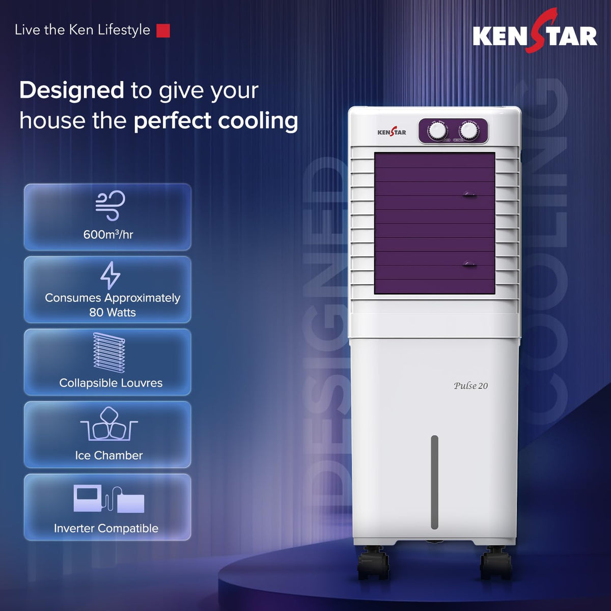 Kenstar PULSE HC 20 Portable/Room/Personal Air Cooler For Home| Honeycomb Pad |High Speed Fan |15 Ft Powerful Air Throw|Inverter compatible |Portable Cooler-Room|1-Yr Product Warranty|White & Purple 20 L