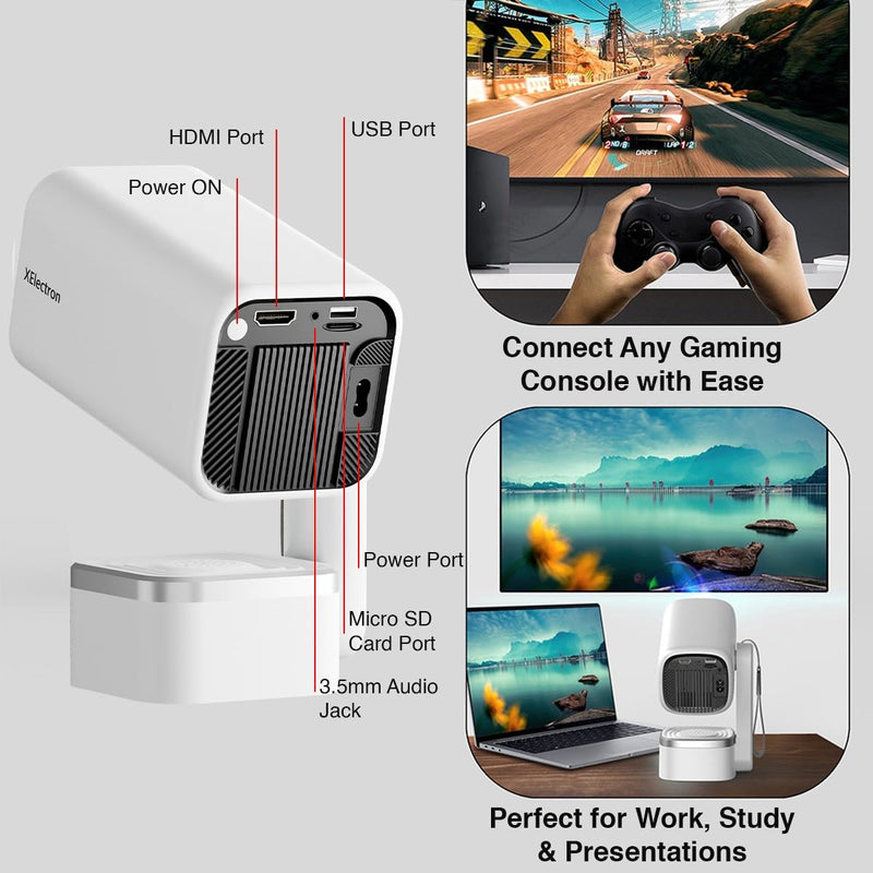 XElectron Techno Android 14 Smart Home Theater Movie HD Projector, 1080P & 4K Support, Inbuilt Speaker, Rotatable, Electric Focus, Auto & 4D Keystone with Built-in Apps, WiFi & BT, Screen Mirroring