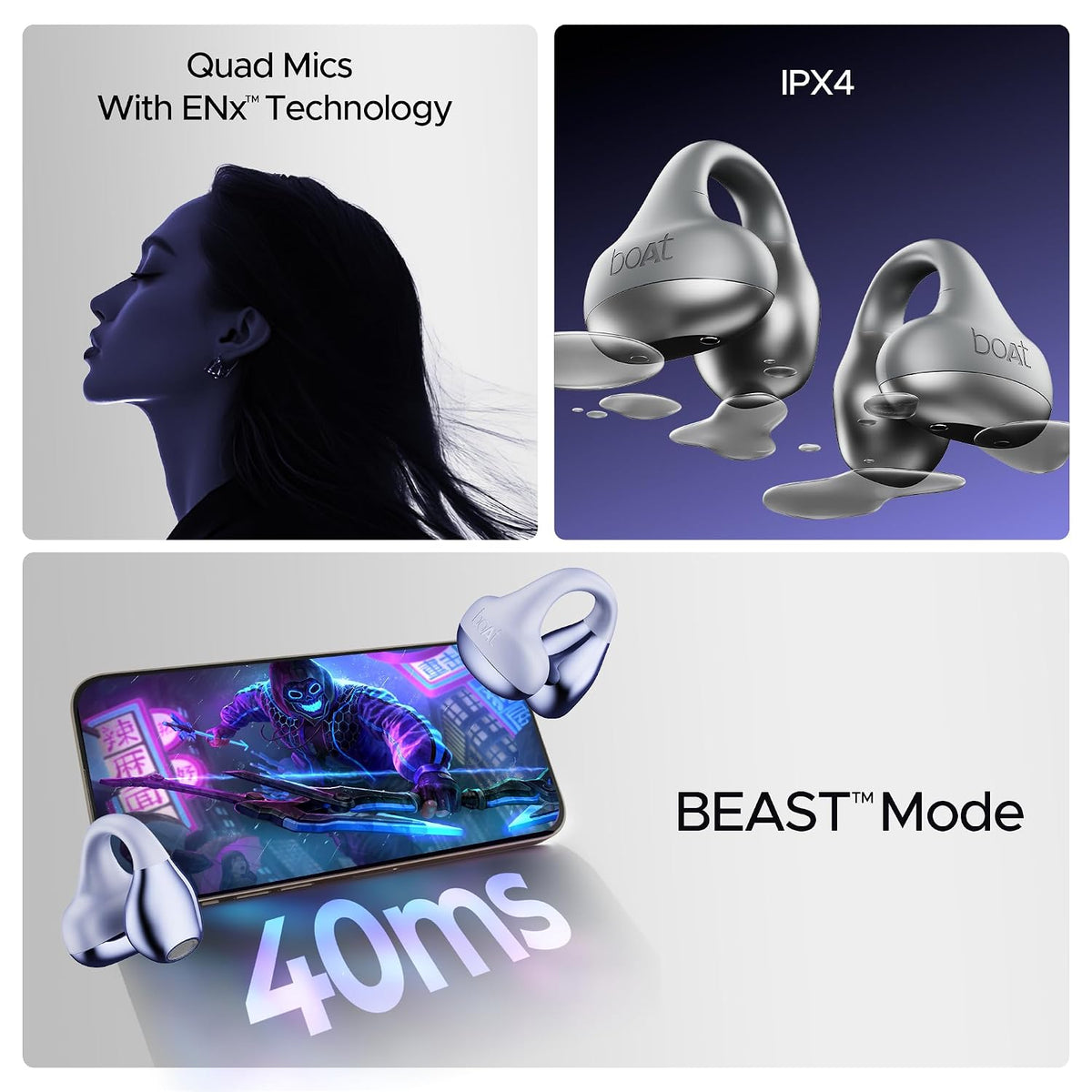 boAt Airdopes Loop OWS Earbuds w/Clip-On Fit, Air Conduction Tech, 50HRS Battery, 4Mics ENx, Dual EQ Modes, 12mm Drivers, 40ms Latency, ASAP Charge, OWS Ear Buds Earphones(Cool Grey)