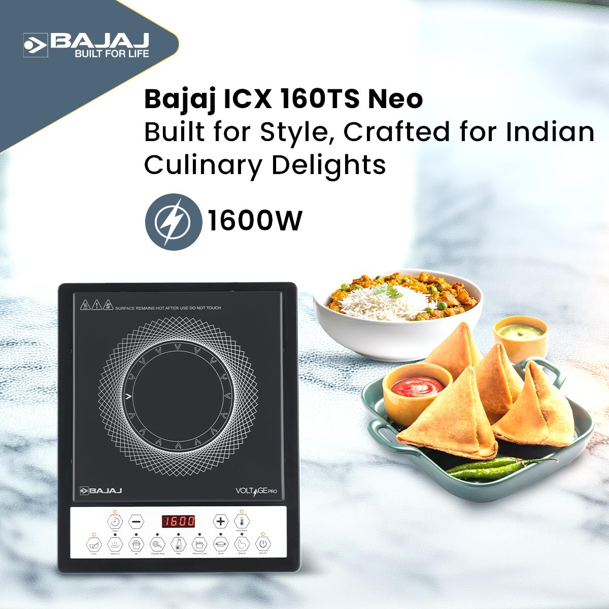 Bajaj Bajaj ICX 160TS Neo Induction Stove | 1600 Watts | 9 Pre-Set Menus | Digital Display | Keep Warm Function | Variable Time, Power & Temperature Selection | 1 Yr Warranty 【Black】 - image 2
