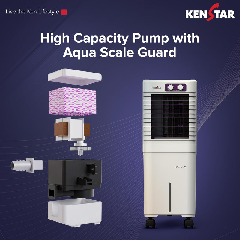Kenstar PULSE HC 20 Portable/Room/Personal Air Cooler For Home| Honeycomb Pad |High Speed Fan |15 Ft Powerful Air Throw|Inverter compatible |Portable Cooler-Room|1-Yr Product Warranty|White & Purple 20 L