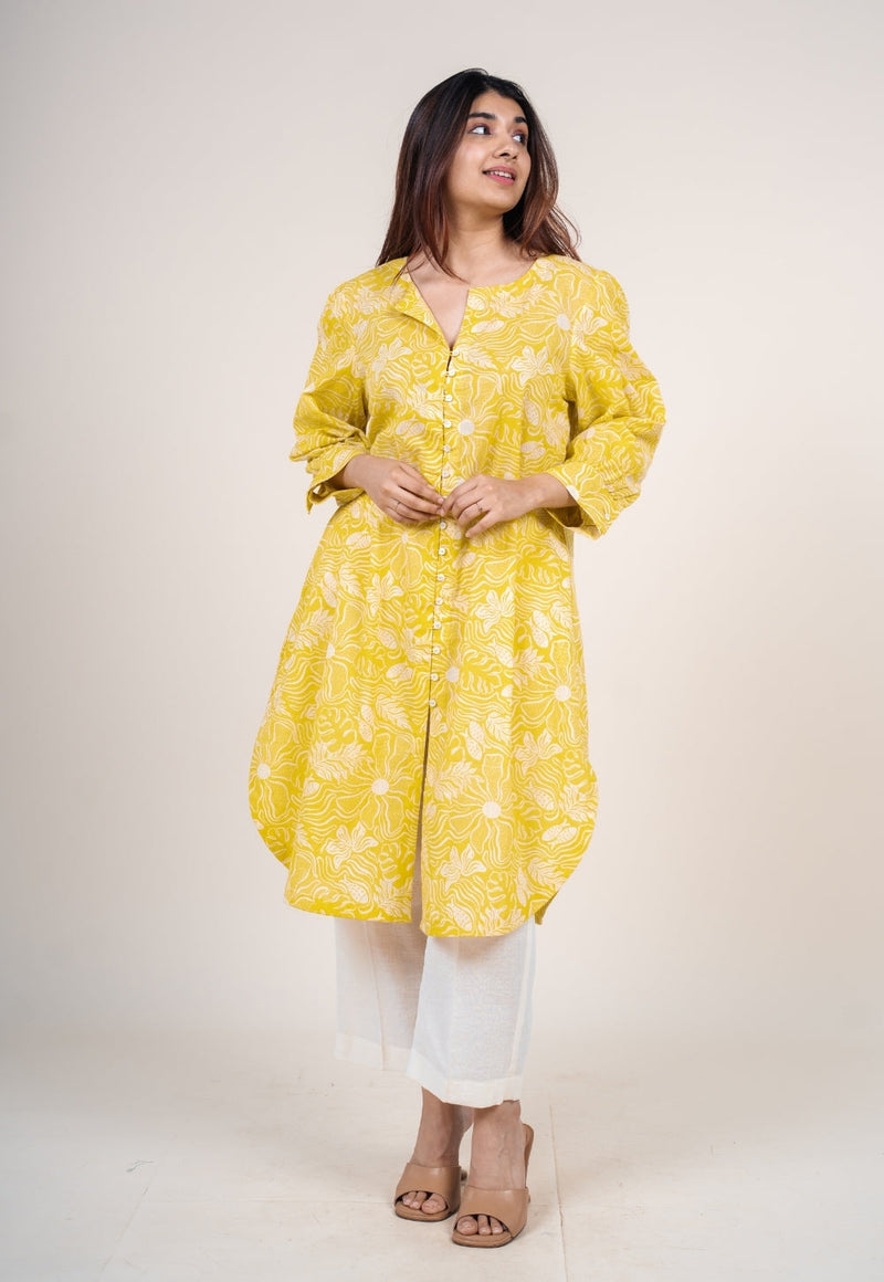 Akira Bright Yellow Printed Mul Straight Kurta