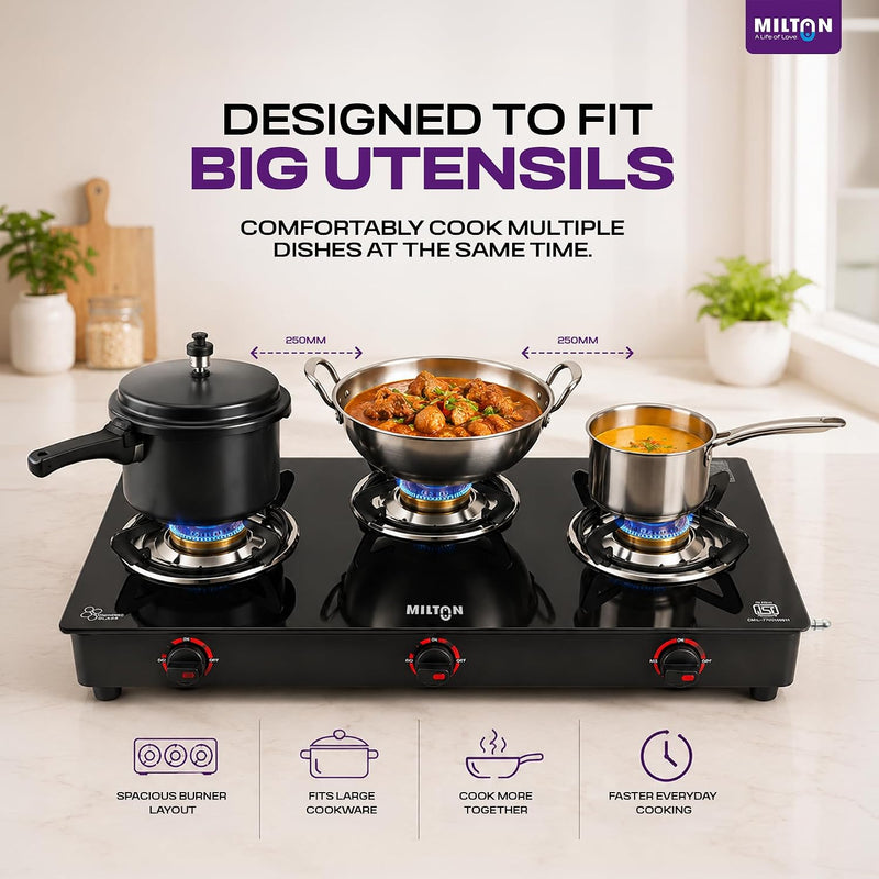 MILTON MILTON Premium 3 Burner Black Manual Ignition Glass Top Gas Stove, (ISI Certified) - image 4