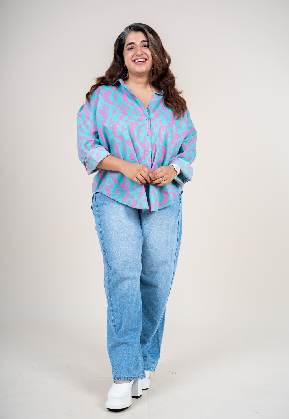 Ruhi Aqua Blue Printed Cotton Straight Shirt