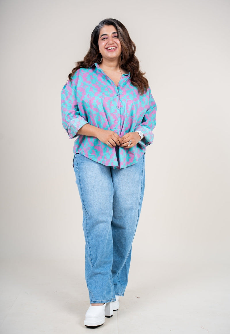Ruhi Aqua Blue Printed Cotton Straight Shirt