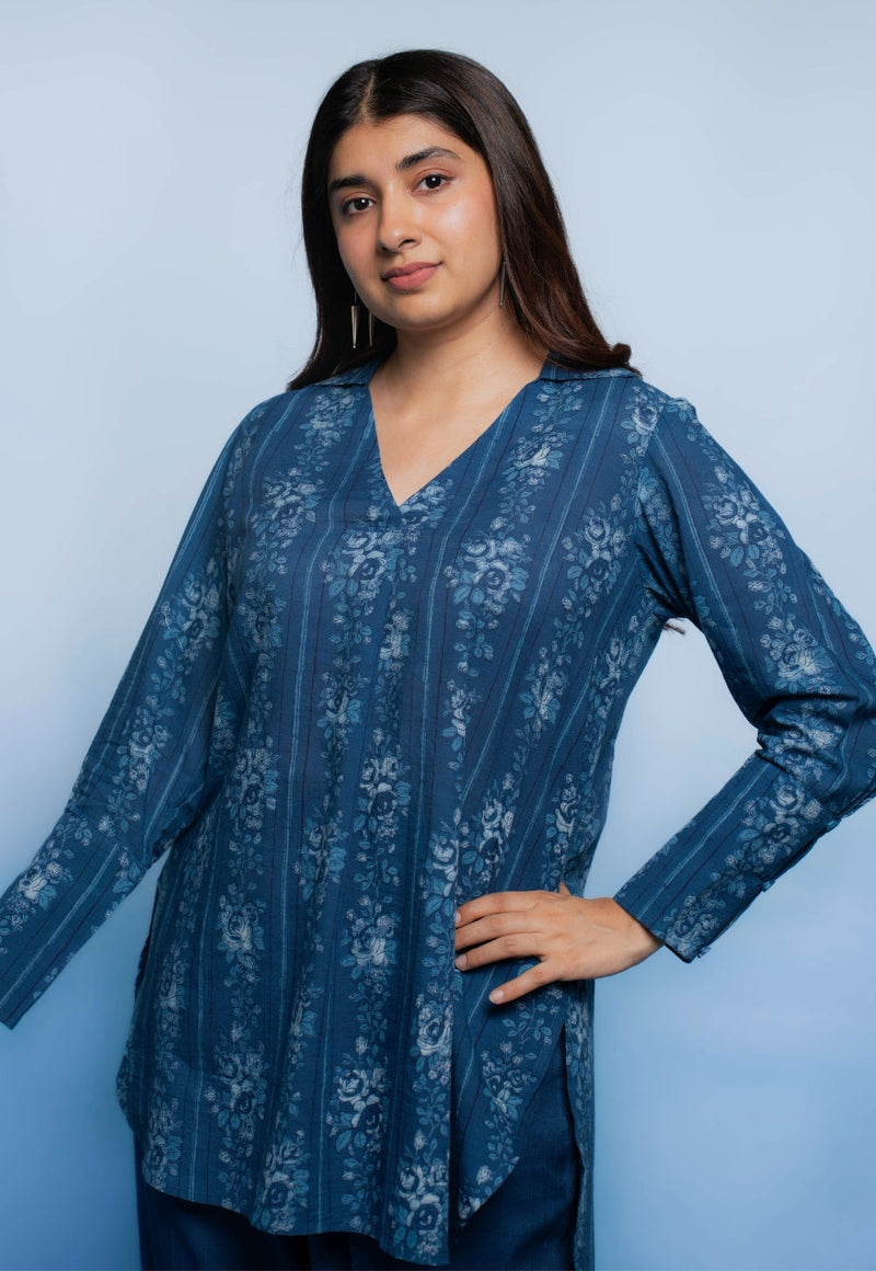 Zohal Blue Dabu Mul Cotton Straight Short Top
