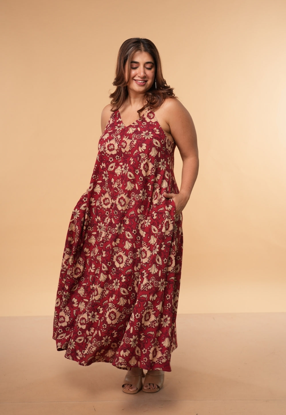 Sonam Red Dabu Slub  Cotton A Line Dress