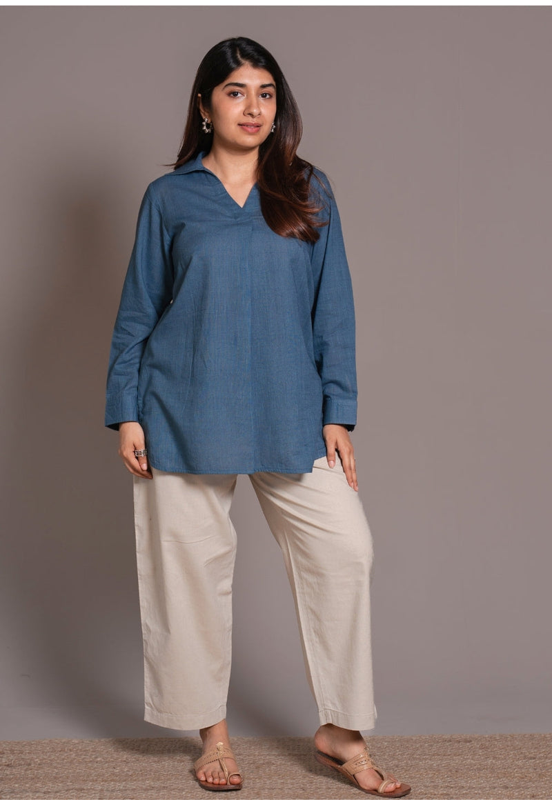 Blue Solid Slub Cotton Straight Short Top - DyeVerse
