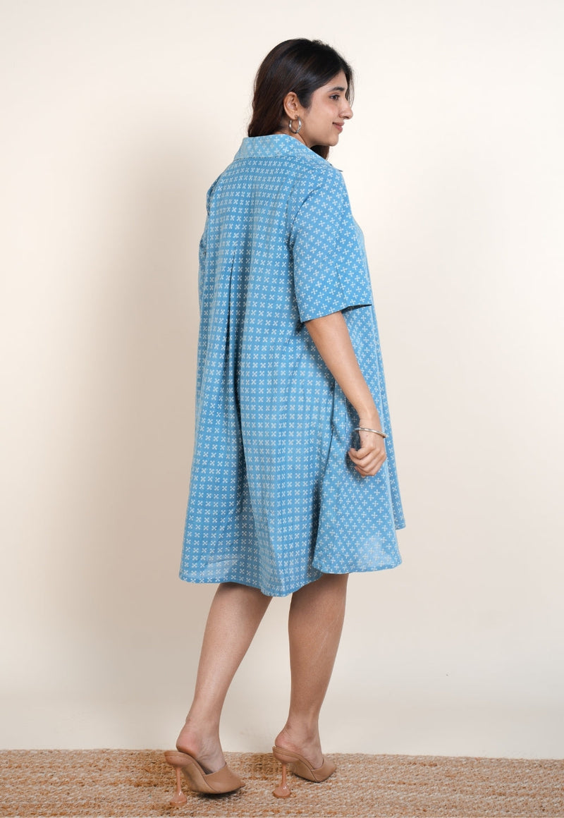 Srisha Blue Ajrakh Cotton A Line Dress