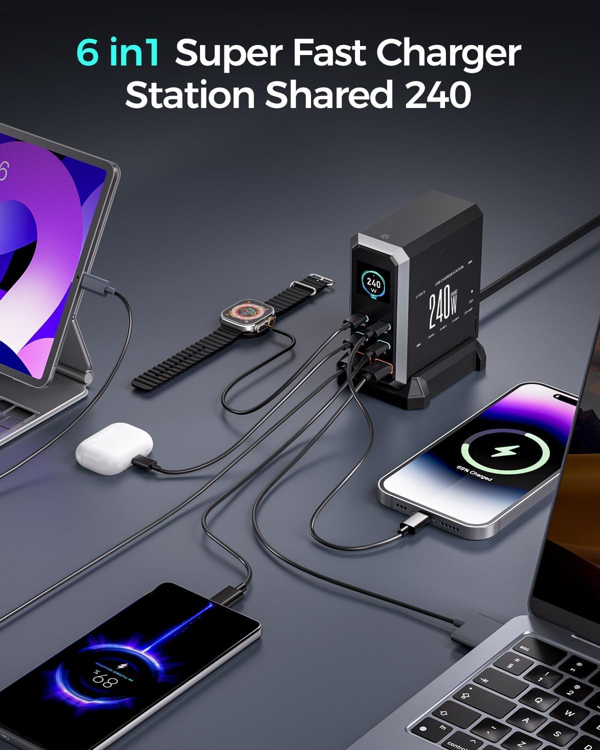 WISTAR WISTAR 6 in 1 & 240W USB C Charging Station Hub GaN III Multi Port USB Fast Charger Block (4 USB‑C & 2 USB‑A),Black Power Dock Compatible for MacBook, iPhone, iPad, Galaxy S24/S23 etc - image 3