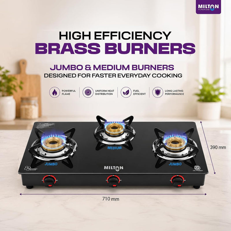 MILTON MILTON Premium 3 Burner Black Manual Ignition Glass Top Gas Stove, (ISI Certified) - image 3