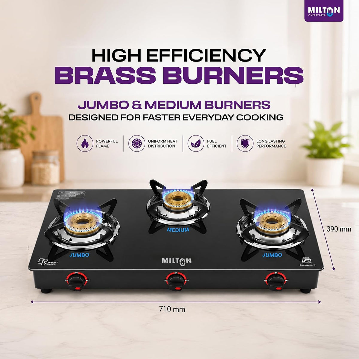 MILTON MILTON Premium 3 Burner Black Manual Ignition Glass Top Gas Stove, (ISI Certified) - image 3