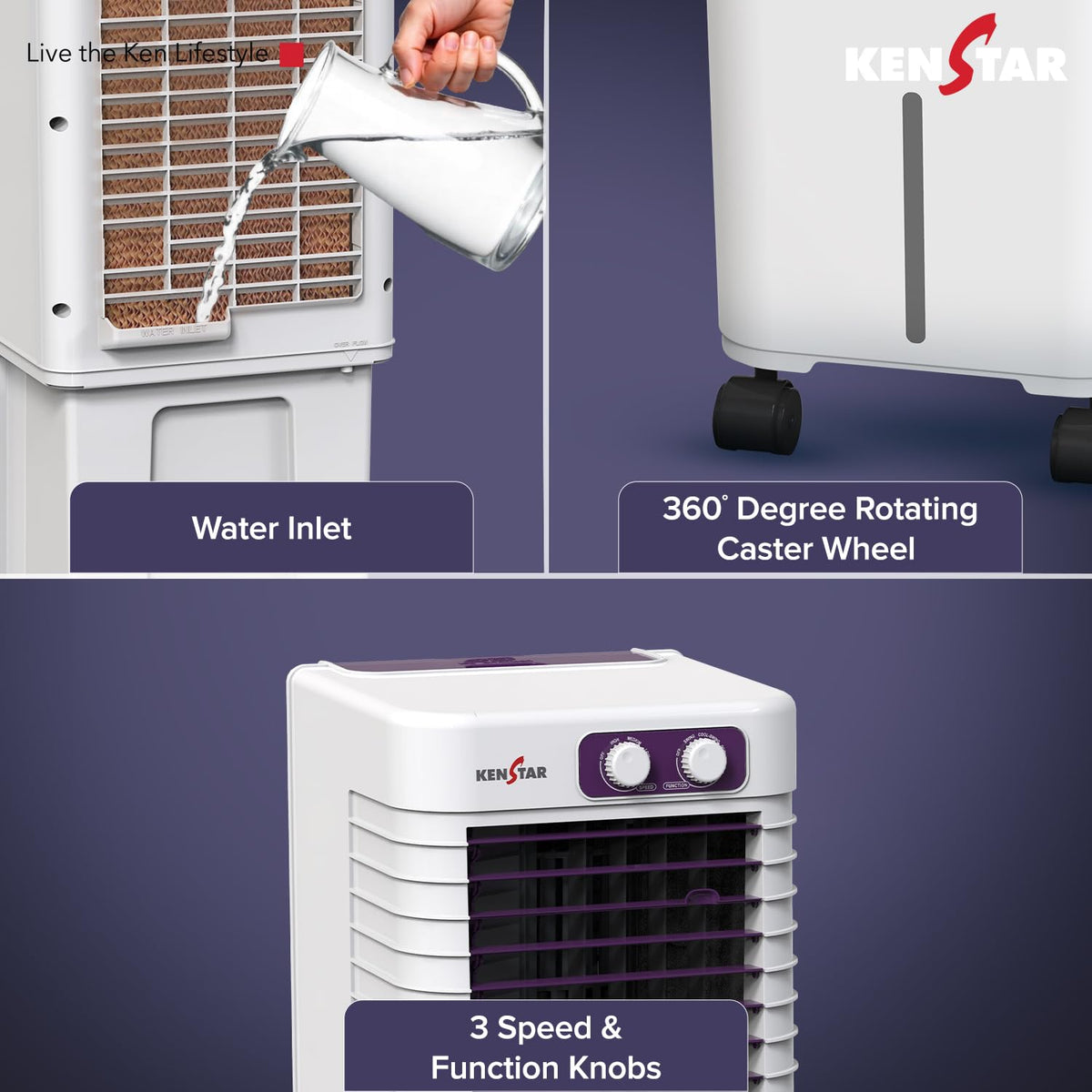 Kenstar PULSE HC 20 Portable/Room/Personal Air Cooler For Home| Honeycomb Pad |High Speed Fan |15 Ft Powerful Air Throw|Inverter compatible |Portable Cooler-Room|1-Yr Product Warranty|White & Purple 20 L