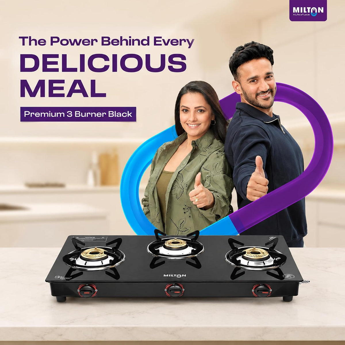 MILTON MILTON Premium 3 Burner Black Manual Ignition Glass Top Gas Stove, (ISI Certified) - image 5