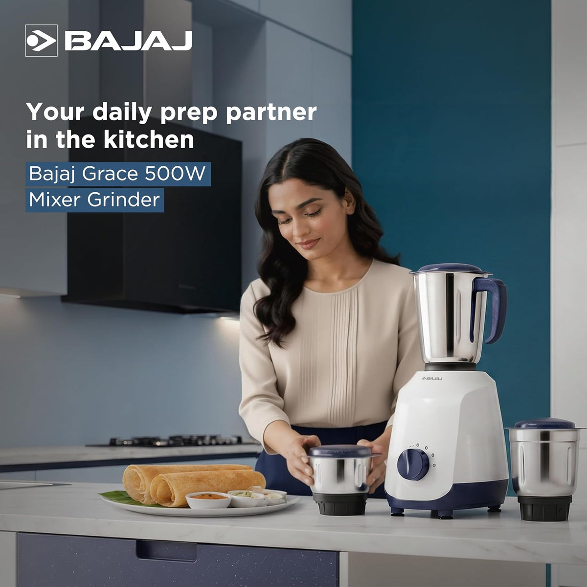 Bajaj Bajaj Ninja Series Grace 500W Mixer Grinder | Mixie For Kitchen With Duracut® Blades | 2-In-1 Blade Function For Dry & Wet Grinding | 2 Mixie Jars | 5-Yr Motor Warranty 【Midnight Blue】 - image 2