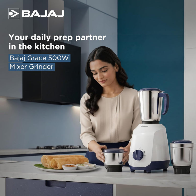 Bajaj Bajaj Ninja Series Grace 500W Mixer Grinder | Mixie For Kitchen With Duracut® Blades | 2-In-1 Blade Function For Dry & Wet Grinding | 2 Mixie Jars | 5-Yr Motor Warranty 【Midnight Blue】 - image 2