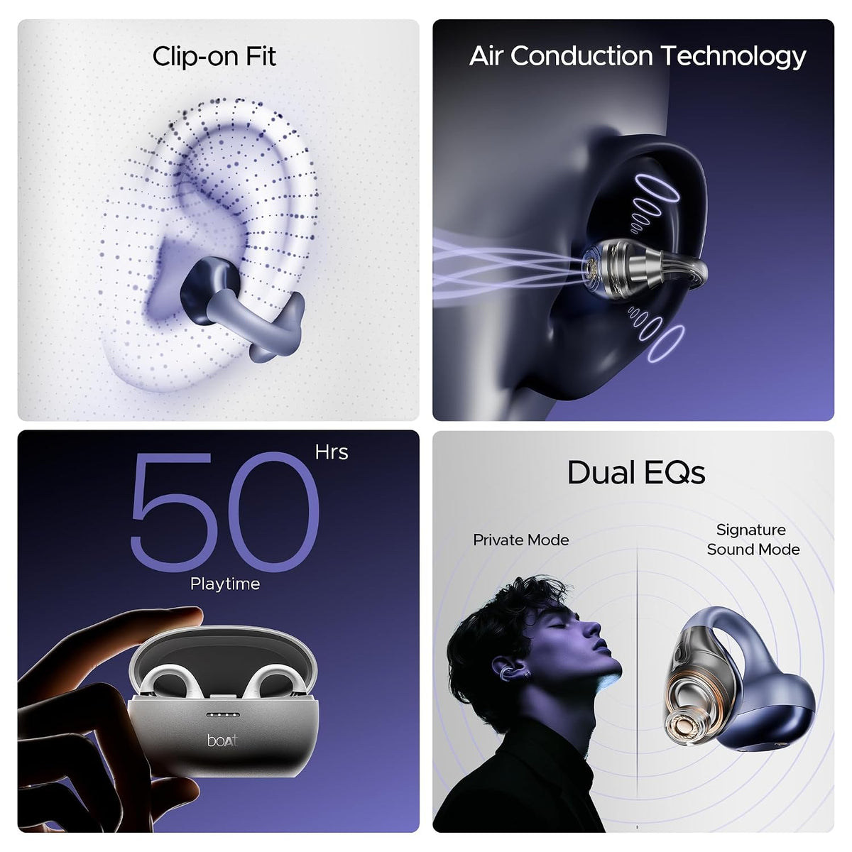 boAt Airdopes Loop OWS Earbuds w/Clip-On Fit, Air Conduction Tech, 50HRS Battery, 4Mics ENx, Dual EQ Modes, 12mm Drivers, 40ms Latency, ASAP Charge, OWS Ear Buds Earphones(Cool Grey)
