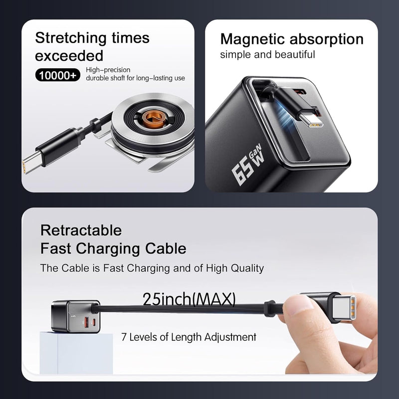 WISTAR USB C Charger 65W with 70cm Retractable Charging Cable, 3 Port PD PPS Fast Charger, GaN Power Supply with Type C and USB-A Compatible for MacBook Pro/Air, Galaxy S-A, iPhone 16-8 - image 3
