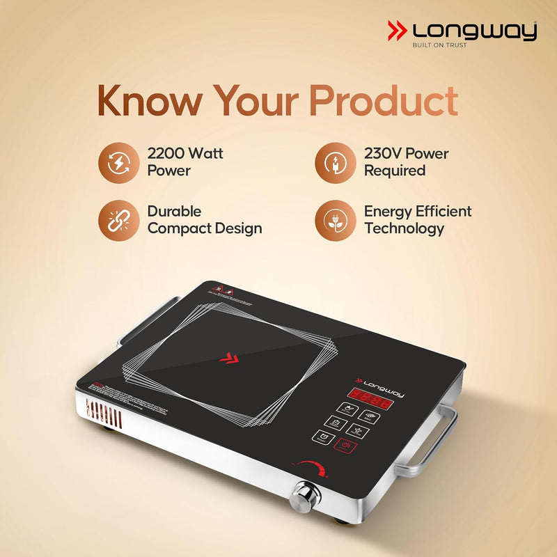 LONGWAY Longway Infralite Pro 2200W Infrared Hot Plate Cooktop with Steel Grill Rack, Crystal Glass Top, Touch Panel & Digital Display, 4 Preset Modes – Stir Fry, BBQ, Hot Pot & Steam, Black - image 4