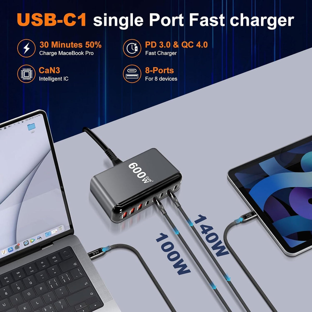 WISTAR WISTAR 600W 8-Port USB-C GaN Fast Charger, 140W USB-C PD Charger with 100W Ports, Multi-Port Charging Station for Laptop, MacBook, iPd, iPhone, Galaxy, Pixel and Android - image 5