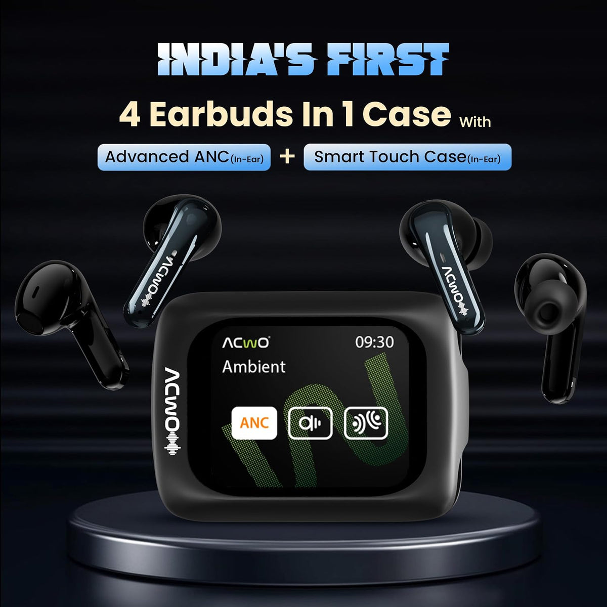 ACwO ACwO Fire Prime TWS Earbuds (in-Ear & Half-in-Ear in 1 Case) | Smart HD Display + 40dB ANC (in-Ear) | 80 Hrs Playtime | | 4 Mics AI-ENC | 3D Spatial Sound | BT V5.4 | Black Prime Black - image 3